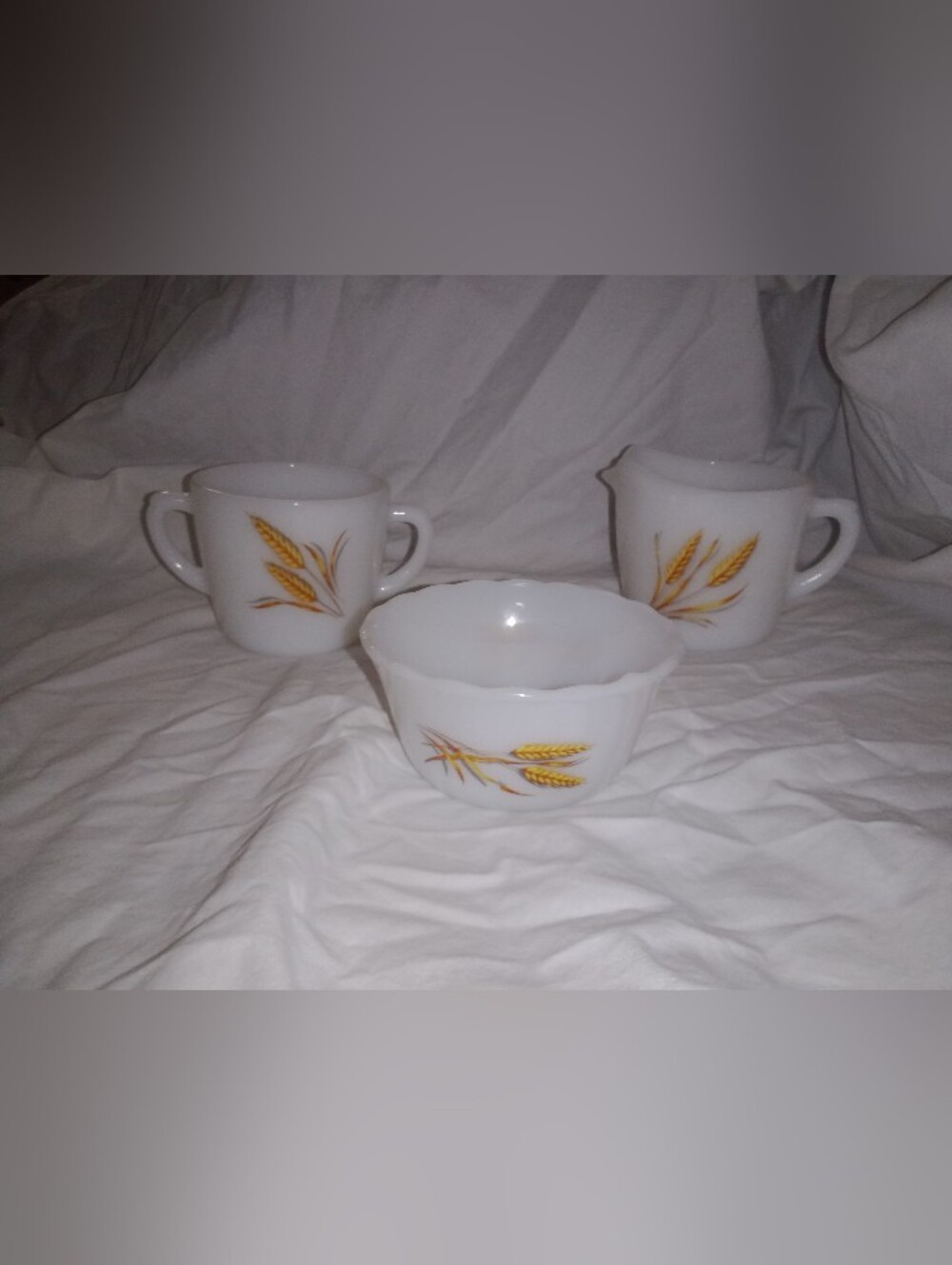 Vintage Fire King Golden Wheat Glass Sugar Bowl Creamer Custard Bowl Retro